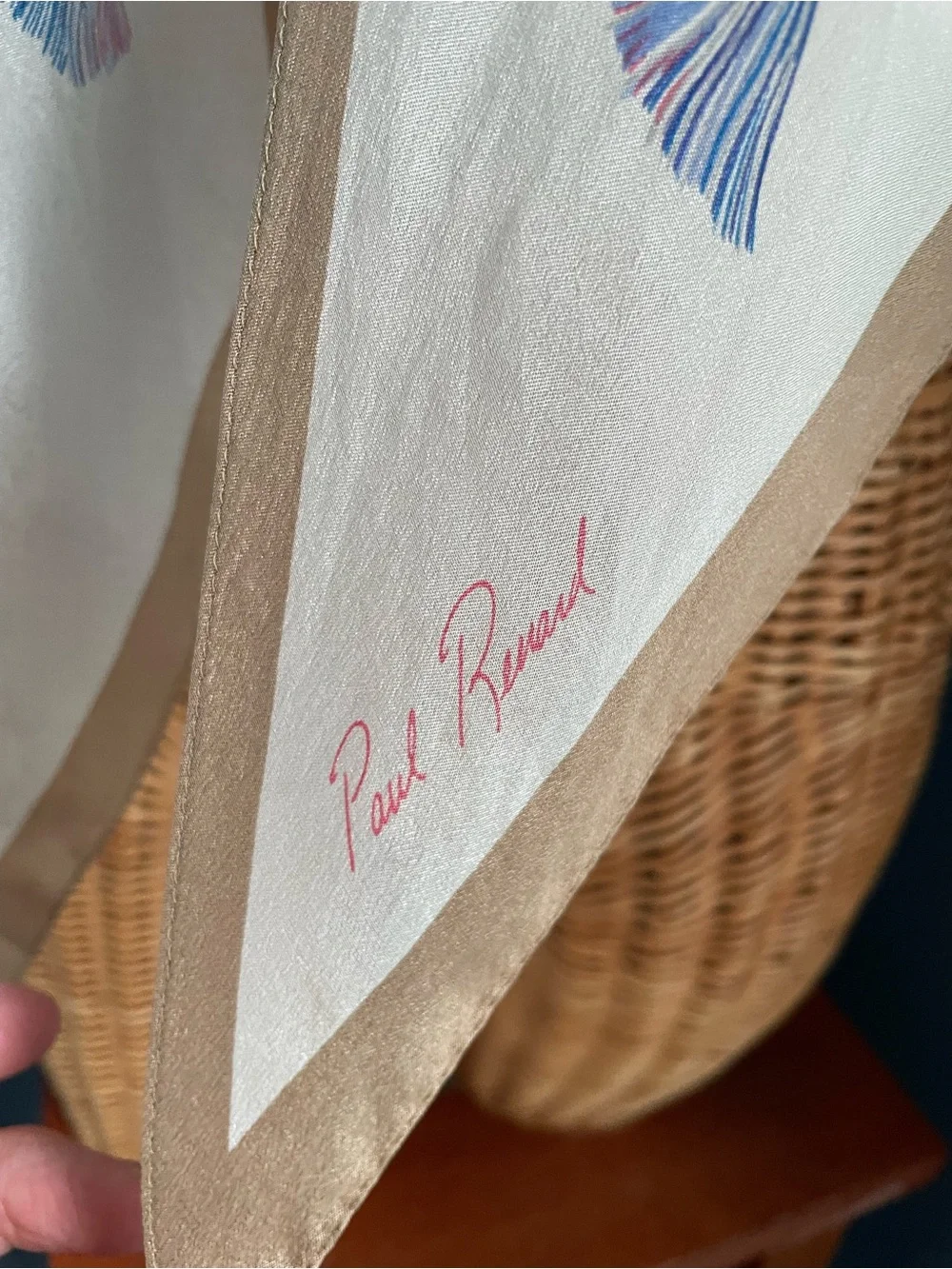 Paul Renard Vintage Silk Scarf Cream Beige Blue Tassel Print Pointed Edge